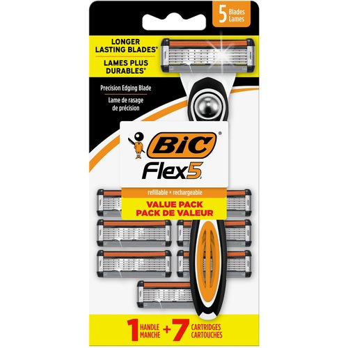 BIC Flex 5 Men's Refillable 5 Blade Razors, Long-Lasting and Comfortable Shave, 1 Handle and 7 Cartridges
