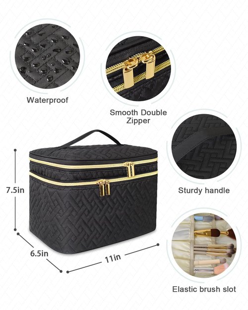 Loyzcy Makeup Bag Organiser for Women, Large Double Layer Cosmetic Make Up Bag with Brush Compartment, Portable and Water-Resistant Toiletry Bag Travel Essentials, Black