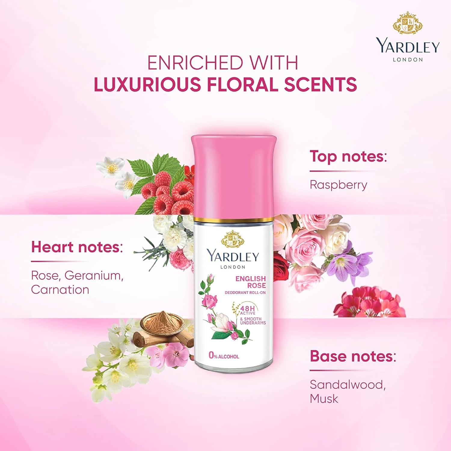 Yardley London English Rose Deodorant Roll-On - 48-Hour Protection | Alcohol-Free | 1.7oz (50ml)