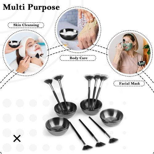 8 Pcs Black Facial Bowl and Brush Set 4 Black Stainless Steel Mixing Bowls 4 Facial Fan Brushes Esthetician Facial Mixing Bowls Esthetician Face Mask Brush for Mud Cream Spa Salon (8 Pcs)