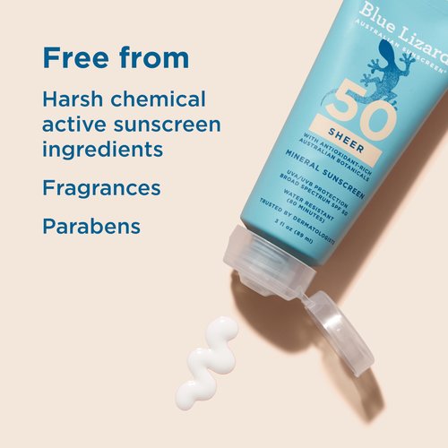 Blue Lizard Sheer Mineral SPF 50 Sunscreen Lotion, Zinc Oxide, 100% Mineral Formula, Nourishes with Australian Desert Lime and Peach, Paraben-Free, Fragrance-Free, 3 fl oz