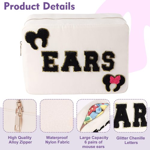 Dealkion Headband Holder Organizer Headband Storage Mouse Ear Holder Bag Hair Accessories Organizer Chenille Letter Makeup Bag Park Travel Essentials Gifts for Women