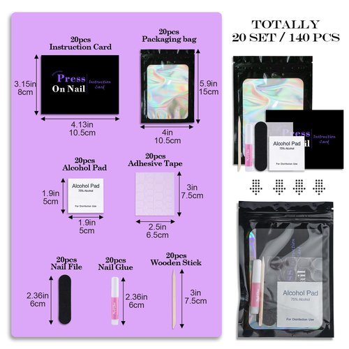 Disposable Nail Supplies Kits,Professional Manicure Press On Nail Tool Kit With Nail File,Adhesive Tabs,Nail Glue,Sticks, Prep Pads,Bags,Cards for Nail Business(Black-140pcs20set)