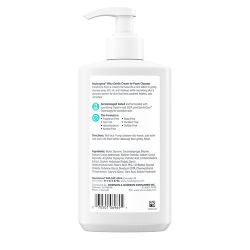 Neutrogena Ultra Gentle Cream to Foaming Face Wash for Sensitive Skin, Fragrance-Free Gentle Facial Cleanser, Hypoallergenic Skin Care, Non-Comedogenic Makeup Remover, 12 fl oz