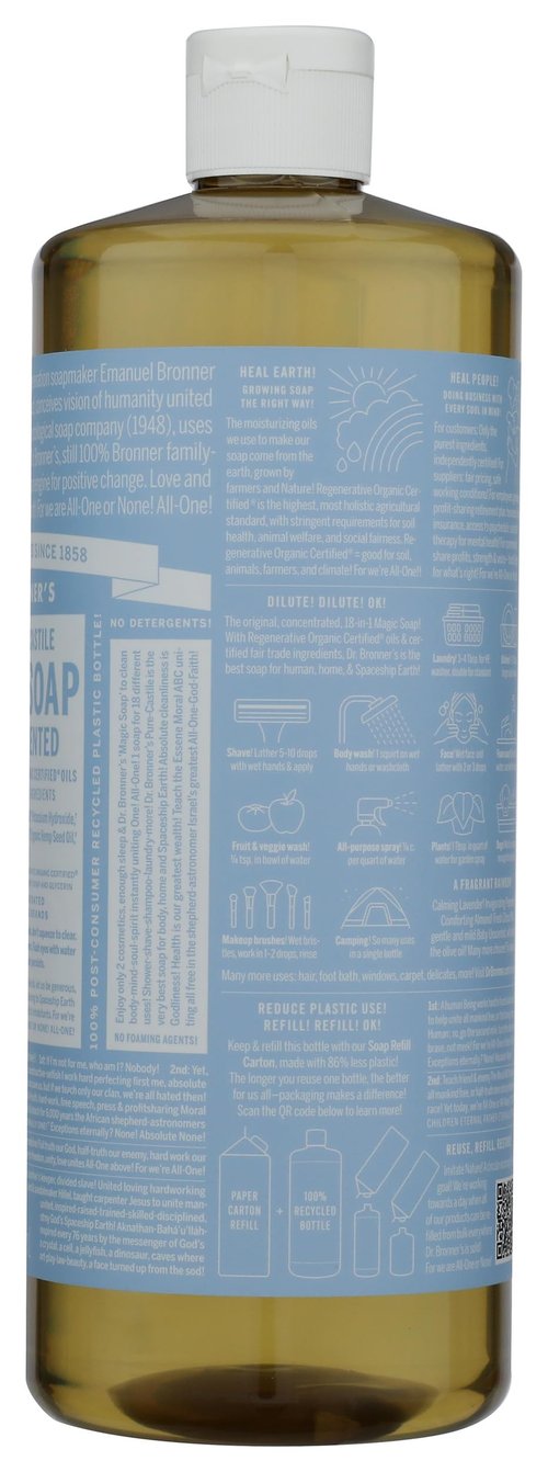 Dr. Bronner's - Pure-Castile Liquid Soap (Baby Unscented, 32 Ounce) - Made with Organic Oils, 18-in-1 Uses: Face, Hair, Laundry, Dishes, For Sensitive Skin, Babies, No Added Fragrance, Vegan, Non-GMO