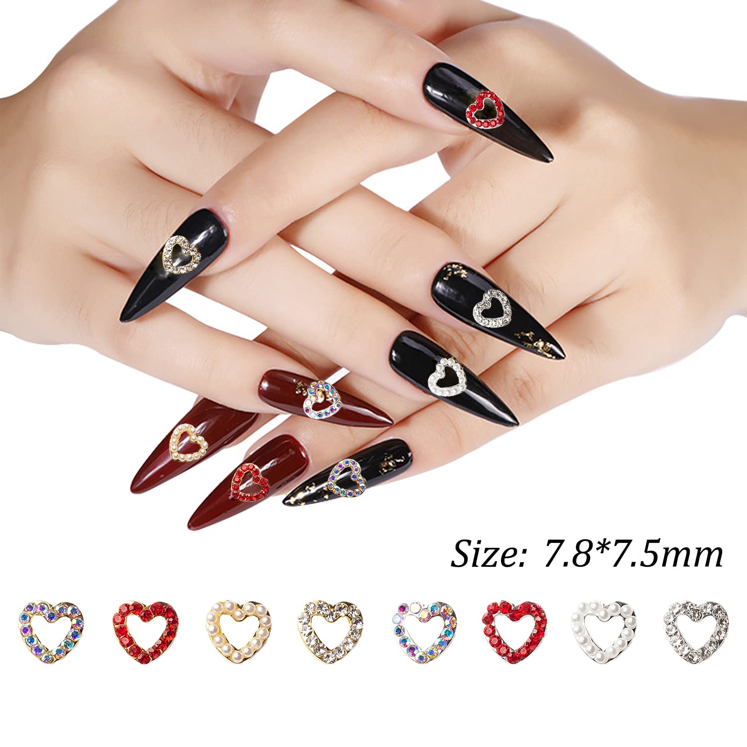 XEAOHESY 40 Pieces Gold and Silver Alloy Heart Charms for Nails Love Heart Nail Charms Gems Christmas Nail Studs Inlaid Rhinestone Pearls for Women Girls Valentine's Day