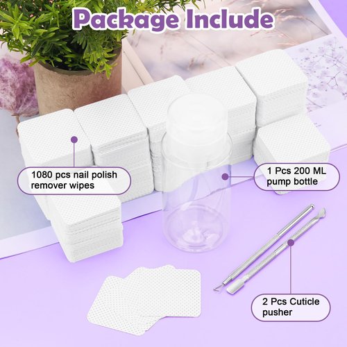 1080 + 3 Pcs Lint Free Nail Wipes Kit, Disposable Nail Polish Remover Pads Non-Woven Nails Eyelash Extensions Wipes, Nail Polish Remover Wipes with 200 ML Bottle, 2 Pcs Cuticle Pusher (White)