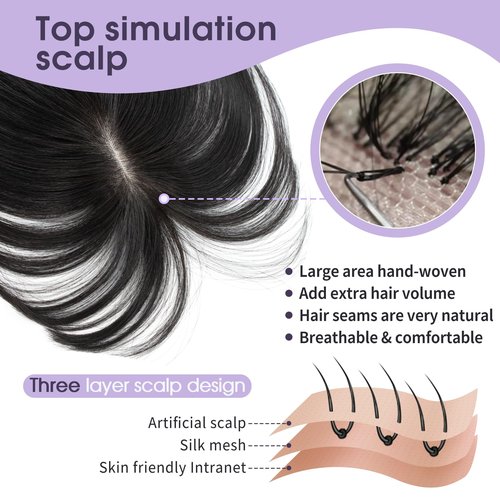 EonLuxe 10 Inch Real Human Hair Topper with Bangs for Women Covers Thinning Crown, Clip-In Hair Topper for Thinning Hair (Natural Black)