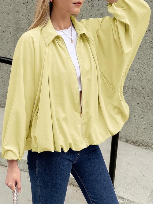 Tankaneo Women's Oversized Bomber Jacket - Stylish Batwing Sleeve with Zip-Up Closure | Pleated Design