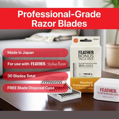 Feather Bonus Value Pack, Styling Razor Standard Blades - Professional Hair Cutting Blades for Styling, Shaping, Thinning - Single Edge Guarded Blade - Made in Japan -30 Counts +1 Blade Disposal Case