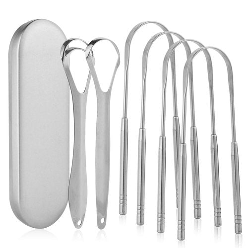 Aussumy 6 Pack Tongue Scrapers - Reusable & Easy to Clean Tongue Scrubber with Travel Case for Adults & Kids - Medical-Grade 100% Stainless Steel Tongue Cleaner for Fresh Breath & Oral Care