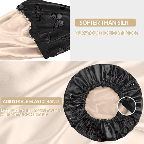 BHAHB Satin Hair Bonnet Silk Bonnet for Sleeping Double Layer Elastic Adjustable Caps Reusable Cute Aesthetic for Women Girls-Black Butterfly