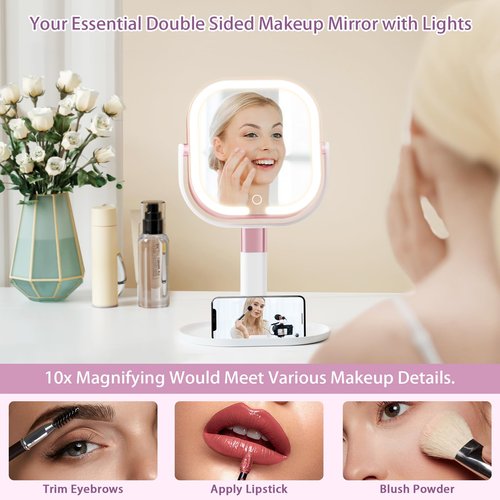 Unbednigt Makeup Mirror with Lights, 1X/10X Magnifying Vanity Mirror with Rechargeable 3 Color Lights, 360° Rotation 2-Sided Height Adjustable Brightness Cosmetic Lighted Magnified Mirror Tweezer