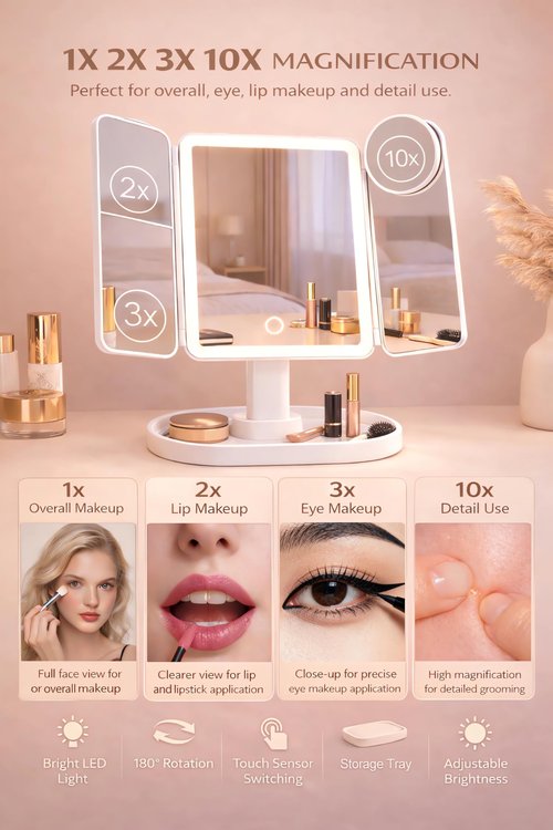 Lupow Makeup Mirror Vanity Mirror with 3 Lighting and Adjustable Brightness,Detachable Height-Adjustable Dresser Mount,2X,3X,10X Magnification,Suitable for Bathrooms,Vanity,Ideal Gifts for Women
