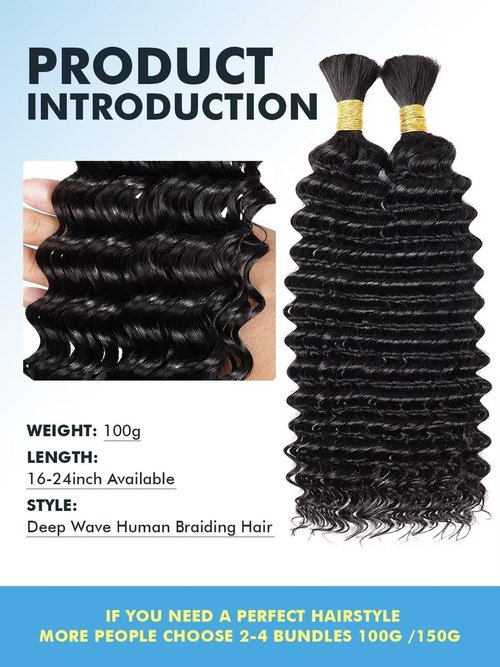 Human Braiding Hair for Boho Braids 100g 16 Inch Natural Black Curly Boho Hair for Braiding Knotless 12A Deep Wave Bulk Bohemian 2 Bundles/Pack Color 1B