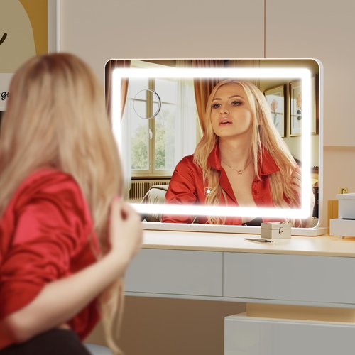 Gvnkvn Makeup Vanity Mirror 24" x 19" Large LED Makeup Mirror, Desk Mirorr with Lights, Light up Mirror with 10X Magnification and, Dimmable 3 Modes, Touch Control White