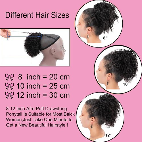 VADES Black Ponytail Extension Human Hair Drawstring Ponytail for Black Women Kinky Curly Short Afro Puff Hair Ponytail 100% Brazilian Virgin Hair #1 Jet Black 8 inch With 3 Stable Combs