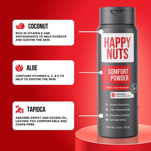HAPPY NUTS Comfort Powder Deodorant For Men: Anti-Chafing, Sweat and Odor Control for Jock Itch, Aluminum-Free, Ultimate Gift for Men's Private Parts 4 oz (1 Pack), Original Scent