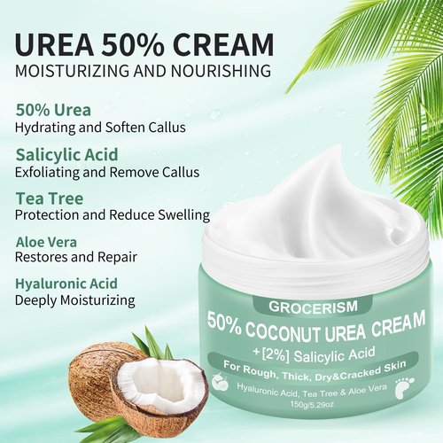 Urea Cream 50 Percent for Feet with Coconut 5.29 oz || Foot & Hand Cream Maximum Strength with 2% Salicylic Acid, Tea Tree and Aloe Vera for Deep Moisturizing and Callus Removing (Upgraded Formula)