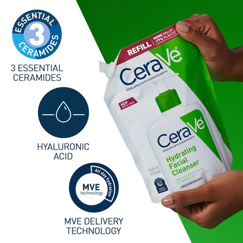 CeraVe Hydrating Facial Cleanser, Moisturizing Face Wash For Dry Skin, Hyaluronic Acid + Ceramides + Glycerin, Hydrating Cleanser For Normal To Dry Skin, 16 Ounce Refill