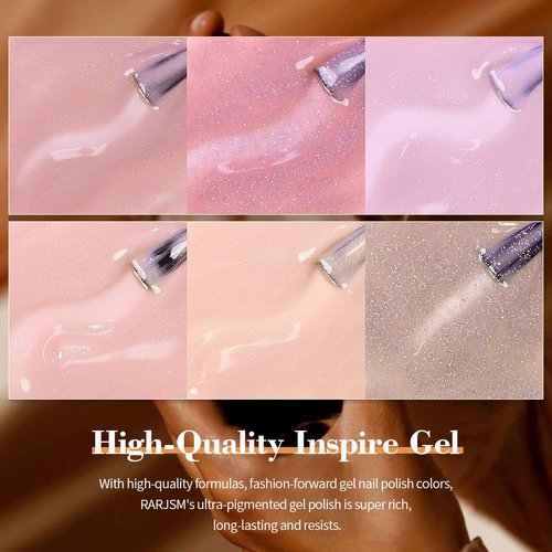 RARJSM Glitter Nude Gel Polish 6pcs Set Pale Pink Milky Jelly Cashmere Pink Beige Apricot Champagne Brown Shimmer Iridescent Holographic Gel Nail Polish 7.5ml Translucent Natural Soak off UV LED Cured