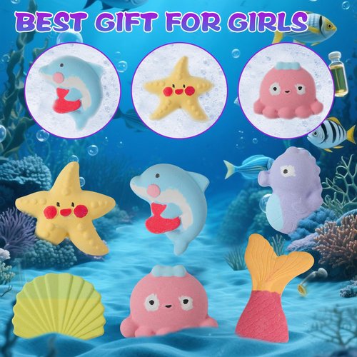 Bath Bombs for Kids Girls, 6PCS XXL Mermaid Bath Bombs with Surprises - A Magical Bath Time Experience(Sea Animals)