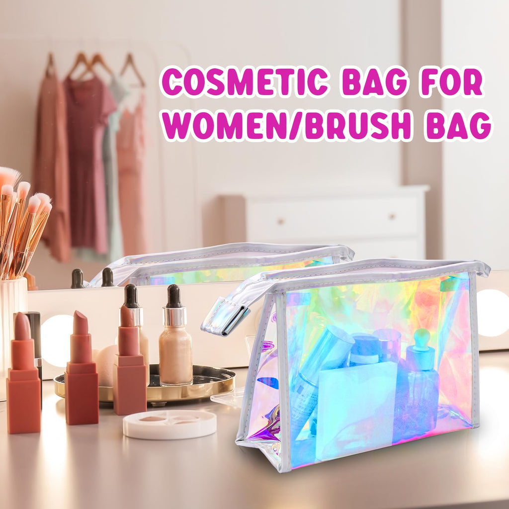 Zwish 2Pack Holographic Makeup Bags Bulk, Iridescent Pouch Portable Zippered Toiletry ， Travel Makeup Brush Holder, Makeup Organizer， Waterproof Cosmetic ， Gift Bags for Women