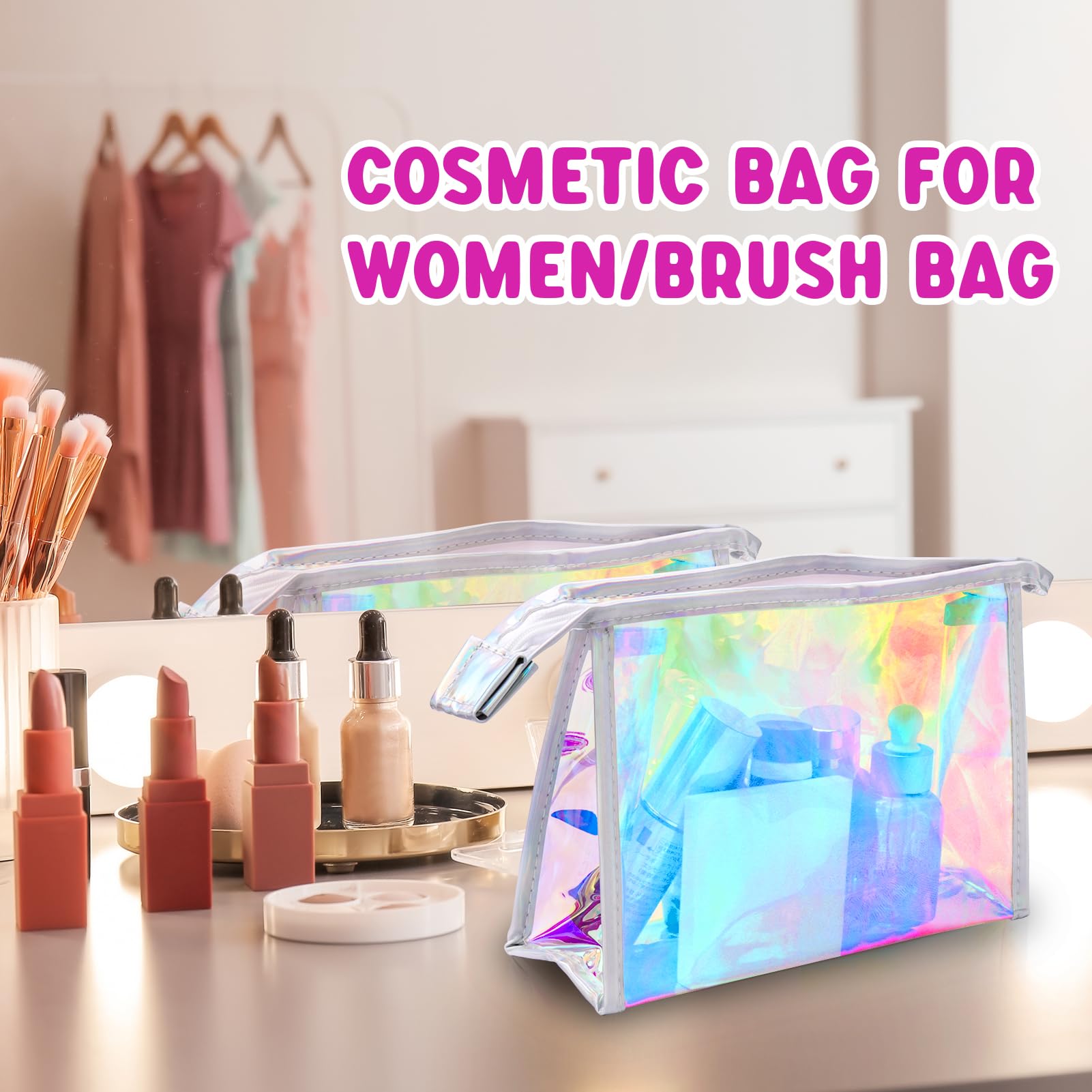 Zwish 2Pack Holographic Makeup Bags Bulk, Iridescent Pouch Portable Zippered Toiletry ， Travel Makeup Brush Holder, Makeup Organizer， Waterproof Cosmetic ， Gift Bags for Women