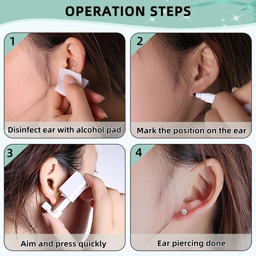 Nunpag 12 Pcs Ear Piercing Kit Disposable Ear Piercing Gun Kit with 4 Pcs 6 Prong Setting Cubic Zirconia Earrings Stud 316L Stainless Steel Easy to Use at Home Self Ear Piercer Gun Kit Tool