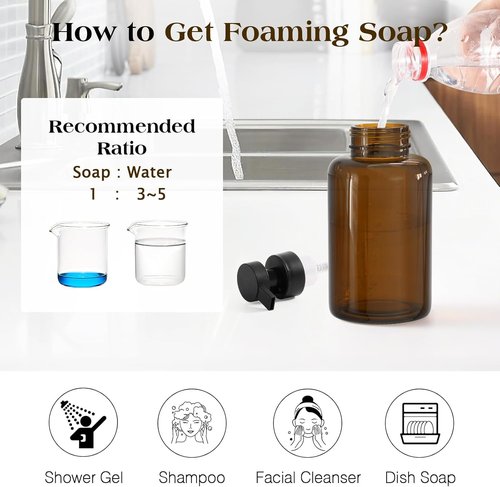 Luxspire Foaming Soap Dispenser - 15 Oz Glass Pump Bottle with Waterproof Labels | Amber, 2 Pack for Kitchen & Bathroom