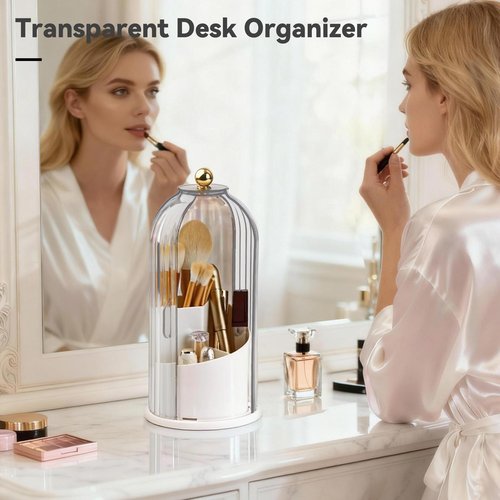 Hvygss 360° Rotating Makeup Brush Holder with Lid, Waterproof Three-Compartment Makeup Organizer, 180° Side-Pull Door Desk Organizer, Dustproof Brush Holder for Vanity and Bathroom (Clear White)