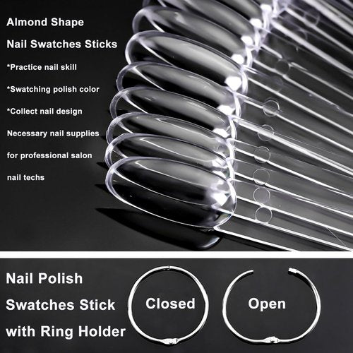 LoveOurHome 150pc Medium Almond Nail Swatch Sticks Vanish Gel Polish Color Design Display Stick Tips Clear Almond Fan Cards Nails Art Practice Sample Tools with Rings