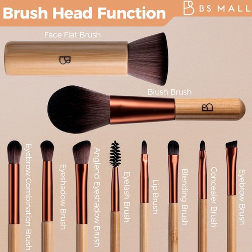 BS-MALL 10 Pcs Professional Bamboo Makeup Brush Set - Travel-friendly Eyeshadow Brush, Concealer Brush & Foundation Brush For Liquid Makeup - Lightweight Multi-purpose Daily Use With Makeup Bag