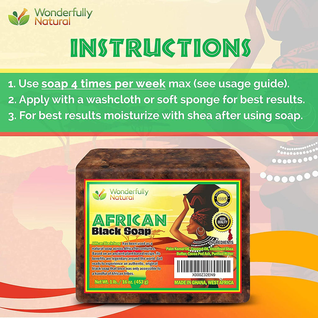 Wonderfully Natural #1 African Black Soap for Acne & Dark Spots | Organic Vegan Satisfaction Guarantee | 1lb bar 90 day Supply