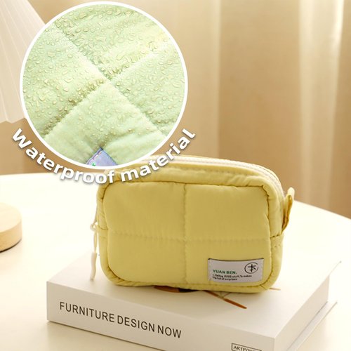 Veki Puffy Makeup Bag, Travel Cosmetic Bags for Women, Cute Quilted Make up Pouch, Toiletry Organizer Travel Essentials and Rectangular Quilted (Yellow, Small)