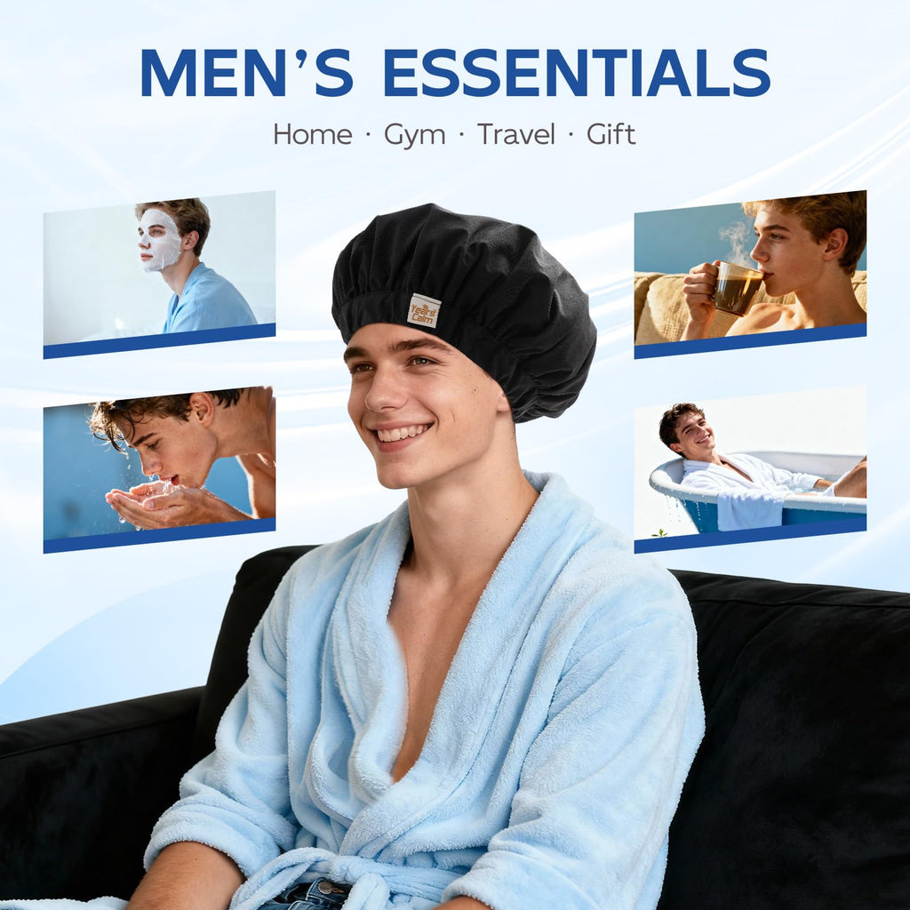 Years calm Shower Cap for Men Waterproof Reusable - Fashion Dual-Layer Design, Adjustable Elastic Band for Long & Curly Hair, XL Bath & Spa Cap for Travel, Satin Lined Shower Cap Black