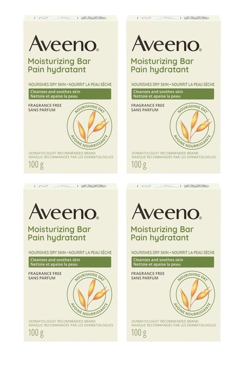 Aveeno Gentle Moisturizing Bar Facial Cleanser with Nourishing Oat for Dry Skin, Fragrance-free, Dye-Free, & Soap-Free, 3.5 oz (Pack of 4)