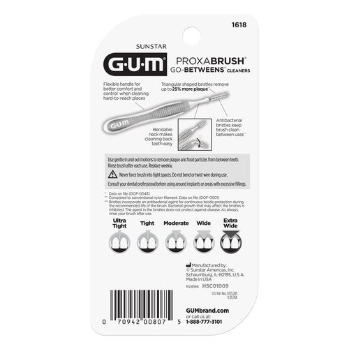 GUM Proxabrush Go-Betweens - Extra Wide - Interdental Brushes - Soft Bristled Dental Picks for Plaque Removal Health - Safe for Braces & Dental Devices, 10 Count(Pack of 4)