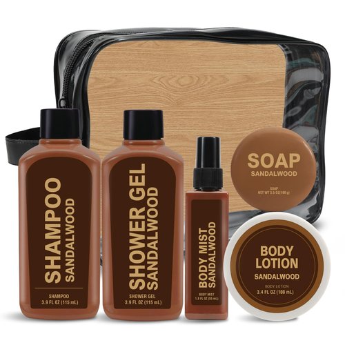 Skiennix Sandalwood Gift Set - 6 Travel Size Toiletries for Men | Shampoo, Shower Gel, Soap & Lotion