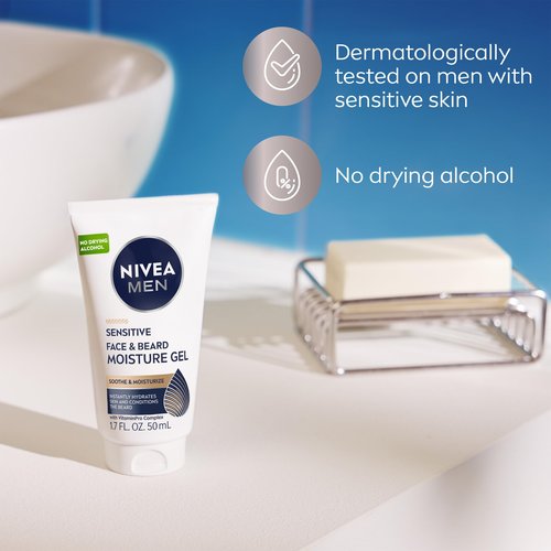 NIVEA MEN Sensitive Face and Beard Moisture Gel, Gentle Face and Beard Moisturizer for Men Instantly Hydrates Skin and Conditions Beards, 1.7 Fl Oz Tube, Pack of 3