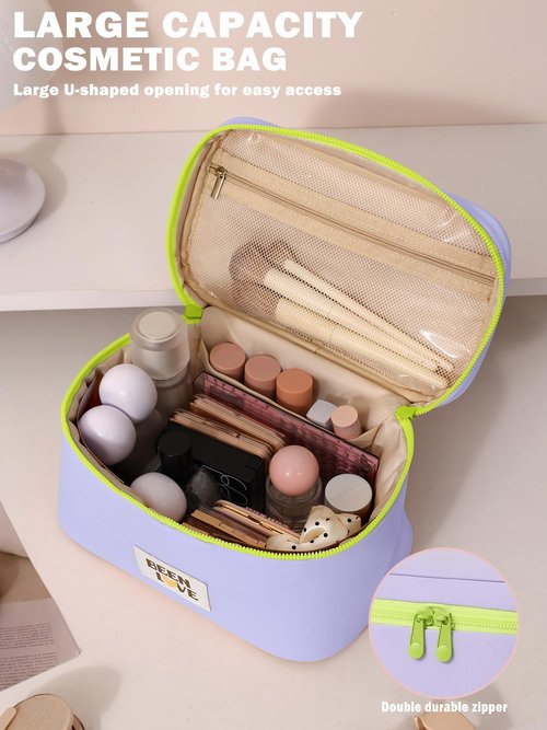 LALAMISI Makeup Bag Cute Cosmetic Bag for Women Girls Large Capacity Makeup Organizer Portable Travel Toiletry Bag with Handle and Brush Compartment, Purple