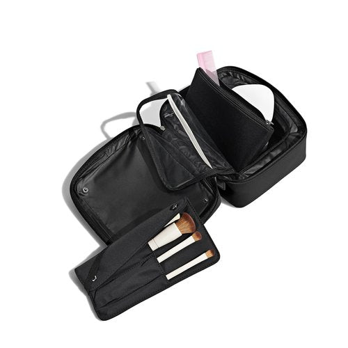 Away Cosmetics Bag, Makeup Bag with Detachable Brush Roll, Waterproof, Clear Zip Pockets, Travel Friendly, Jet Black