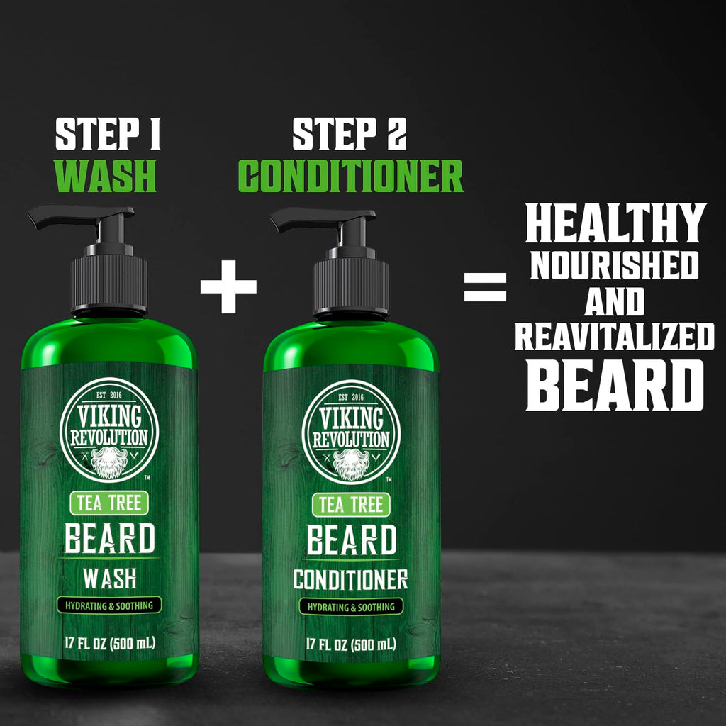 Viking Revolution Tea Tree Beard Wash for Men with Argan Oil and Ginseng Root Extract - Beard Softener and Strengthener Beard Shampoo with Olive Oil Beard Care to avoid Beard Dandruff and Itch (17oz)