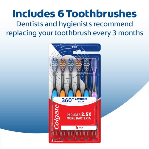 Colgate 360 Advanced Clean Adult Soft Toothbrush Pack, 6 Soft Bristled Toothbrushes with Cheek and Tongue Cleaner, Helps Clean Your Teeth, Tongue, Cheeks, and Gums, 6 Pack