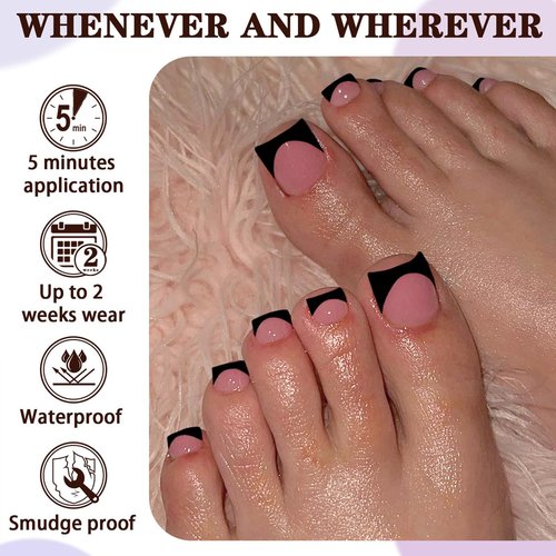 150pc French Tips Press on Toenails Women Toe Nail Press ons, Black French Tip Toe Press on Nails Fake Toenails Square Fake Toes Nail Tips Glue on Toenail Stick Acrylic Toes Nails Kit with Glue Tab