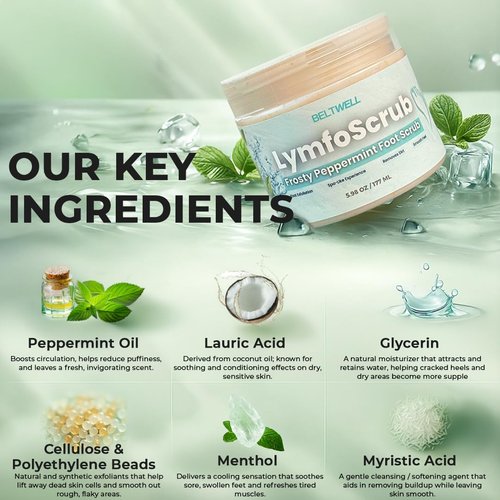 Beltwell® LymfoScrub™ Frosty Peppermint Body Scrub & Foot Cream - Gentle Exfoliator for Sensitive, Cracked Feet
