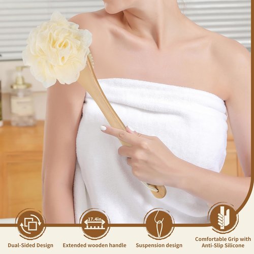 DEBETOOL Shower Loofah with Handle - Wooden Long Handle Shower Body Brush with Loofah for Exfoliating, Natural Loofah Back Scrubber for Women and Men
