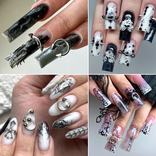 3D Punk Alloy Nail Art Dangle Charms with Piercing Tool Hand Drill, Silver Cone Spike Studs Hanging Rings Metallic Nail Jewelry Rivets Pierced Art Supplies for Tips, Acrylic, Gels Decorations