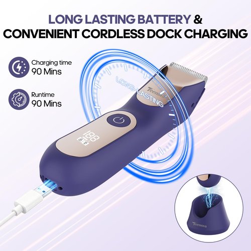 TEENOVA Electric Body Hair Trimmer - 3 in 1 Pubic Trimmer for Men - Bikini Trimmer for Women - No Nick Groin Ball Shaver Razor with Ceramic Blade Heads, Wireless Dock Charging, Wet/Dry Use (Purple)