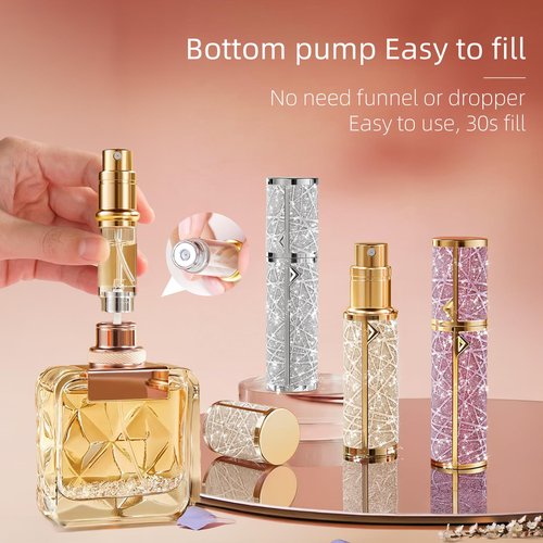 Fiwecos Perfume Travel Refillable Bottle, Cologne Portable Atomizer Fragrance Scent Sprayer with Sparkling Brilliantly, Pump Fill from Bottom Pocket Size 5ml for Travel Essentials & Best Gift(S-Gold)